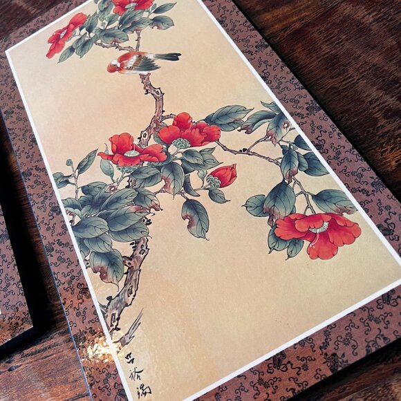 Set of 2 Vintage Japanese Floral & Bird Prints On Decorative Boards - Picture 7 of 8